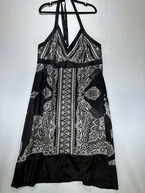 Penningtons Halter Dress Paisley Print Empire Waist Lightweight Black White 2X
